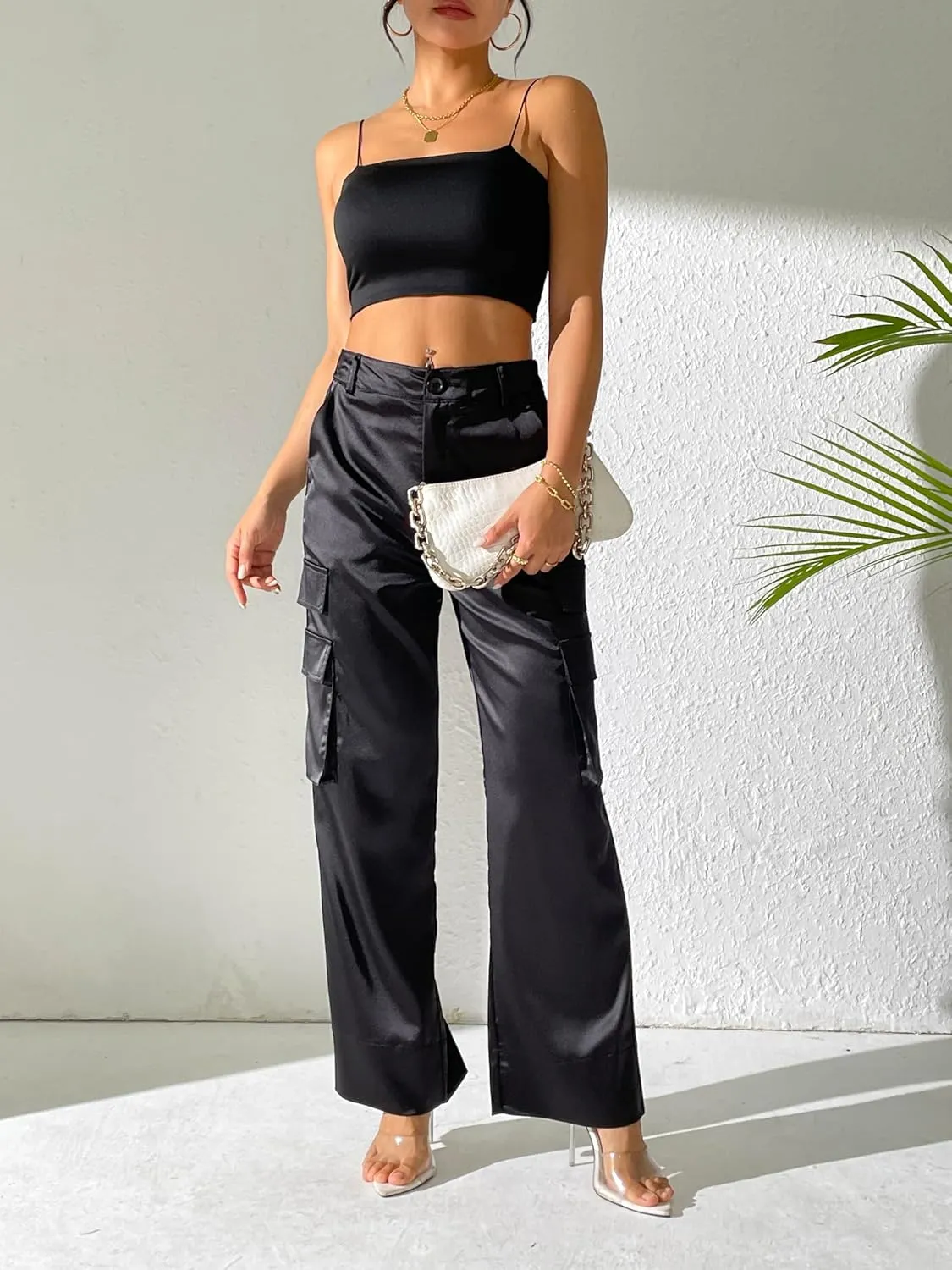 Women's Wide Leg Cargo Pants Satin Silky Casual High Waist Y2K Baggy Cargo Pants Combat Military Trouser