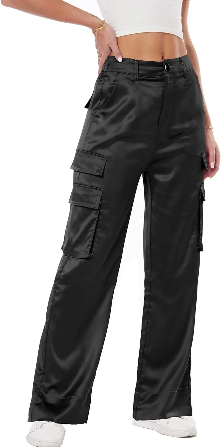Women's Wide Leg Cargo Pants Satin Silky Casual High Waist Y2K Baggy Cargo Pants Combat Military Trouser