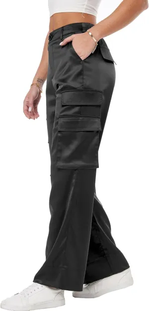 Women's Wide Leg Cargo Pants Satin Silky Casual High Waist Y2K Baggy Cargo Pants Combat Military Trouser