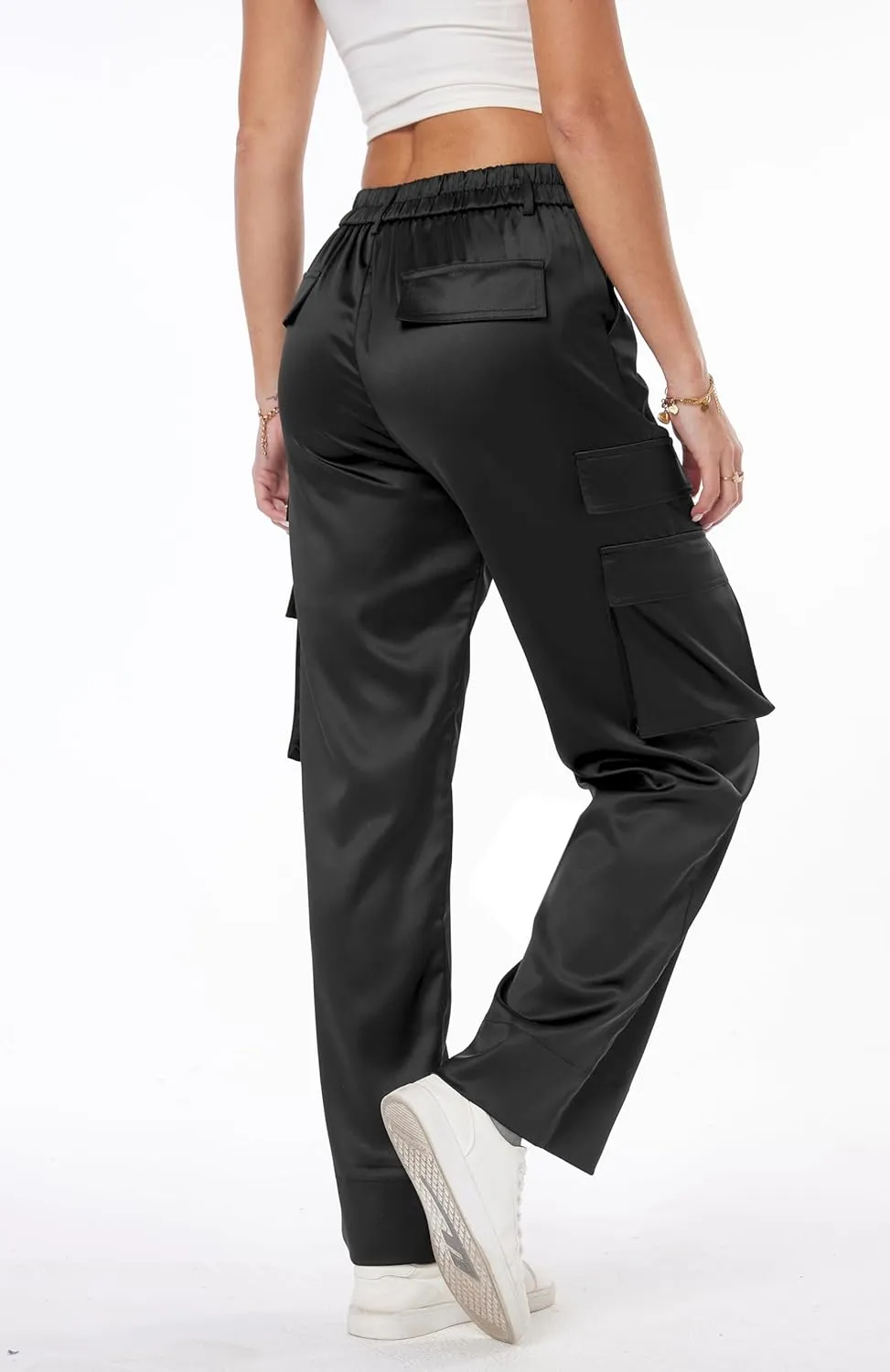 Women's Wide Leg Cargo Pants Satin Silky Casual High Waist Y2K Baggy Cargo Pants Combat Military Trouser