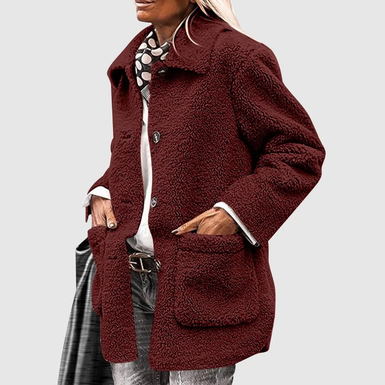 Womens Winter Coats Lapel Button Down Sherpa Jacket Long Sleeve Faux Fur Coats Fleece Jacket Outerwear with Pockets