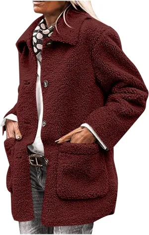 Womens Winter Coats Lapel Button Down Sherpa Jacket Long Sleeve Faux Fur Coats Fleece Jacket Outerwear with Pockets