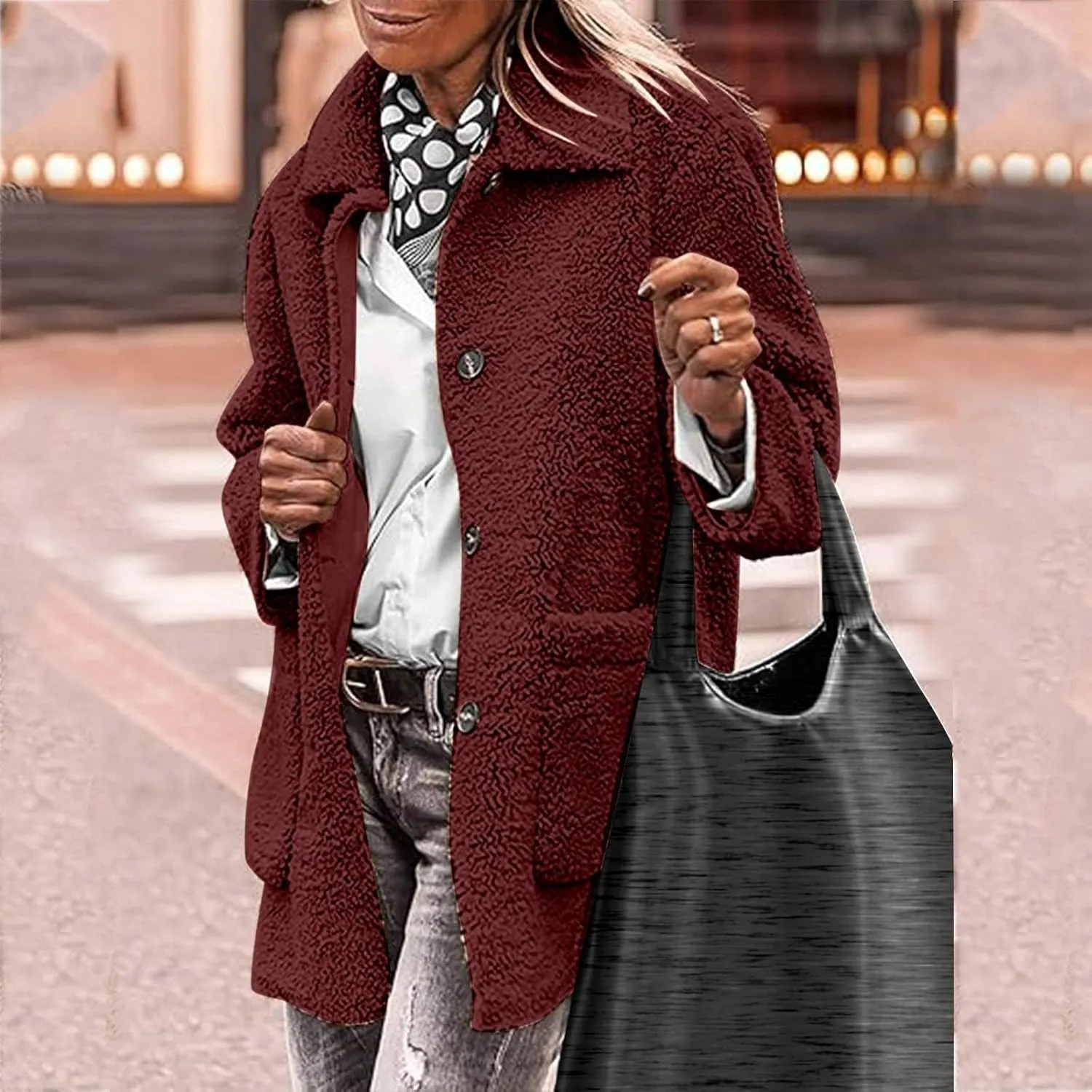 Womens Winter Coats Lapel Button Down Sherpa Jacket Long Sleeve Faux Fur Coats Fleece Jacket Outerwear with Pockets