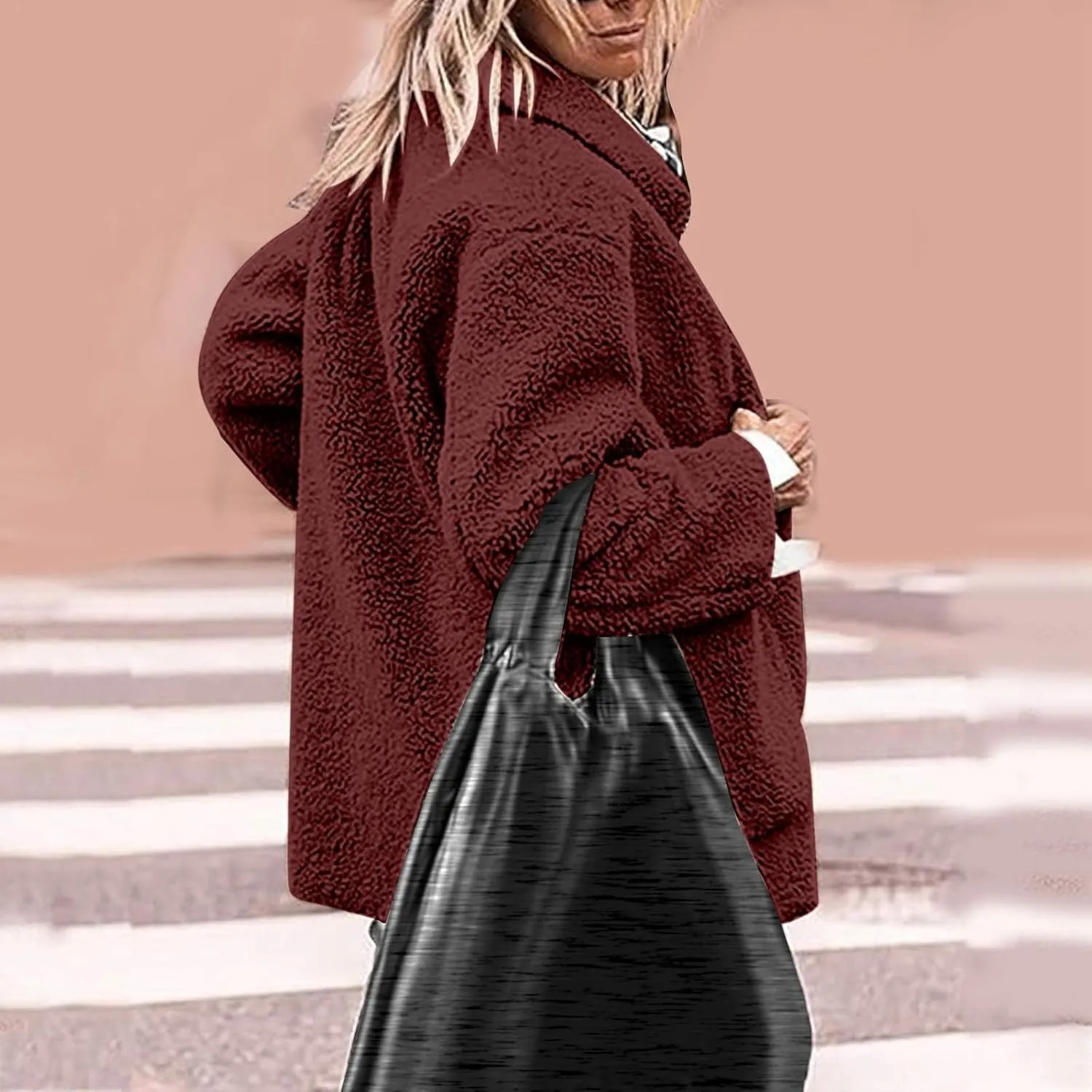 Womens Winter Coats Lapel Button Down Sherpa Jacket Long Sleeve Faux Fur Coats Fleece Jacket Outerwear with Pockets