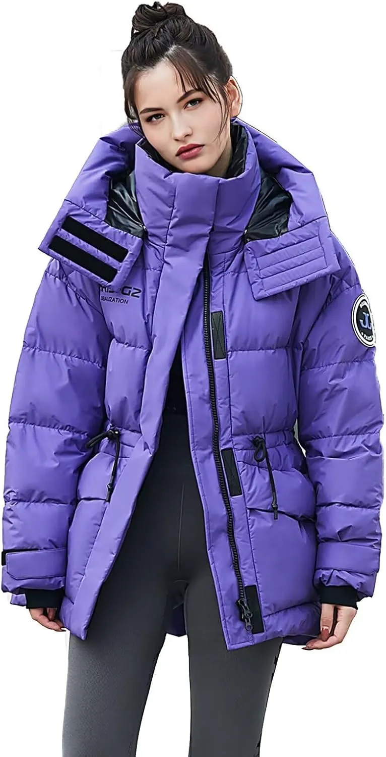 Women's Winter Down Jacket Removable Hood, Waisted Puffer Down Jacket Workwear Thickened Coat.