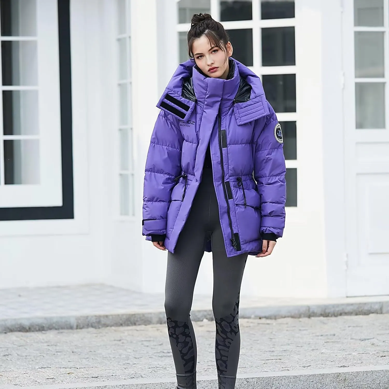 Women's Winter Down Jacket Removable Hood, Waisted Puffer Down Jacket Workwear Thickened Coat.