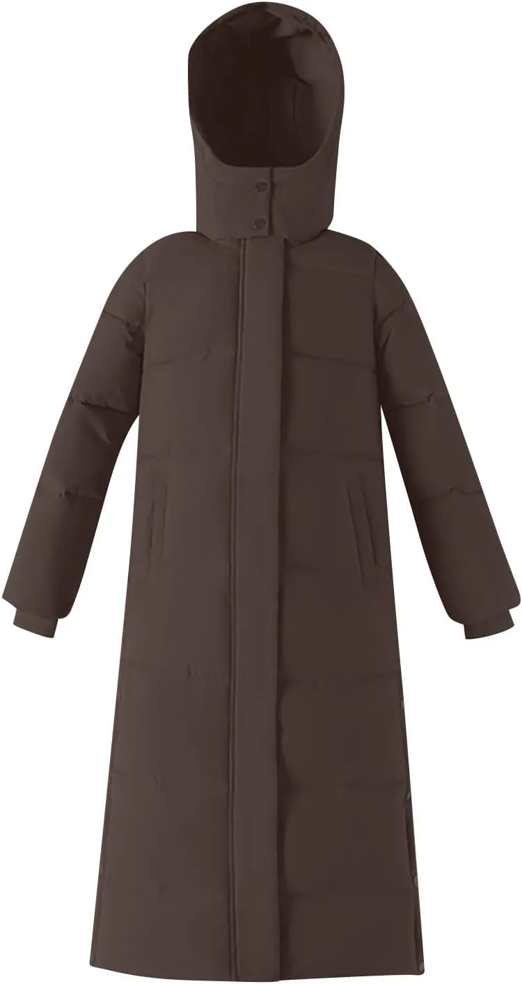 Women's Winter Warm Long Sleeve Cotton Jacket Pockets Hooded Padded Coat Thick Outerwear Maxi Length Quilted Coats