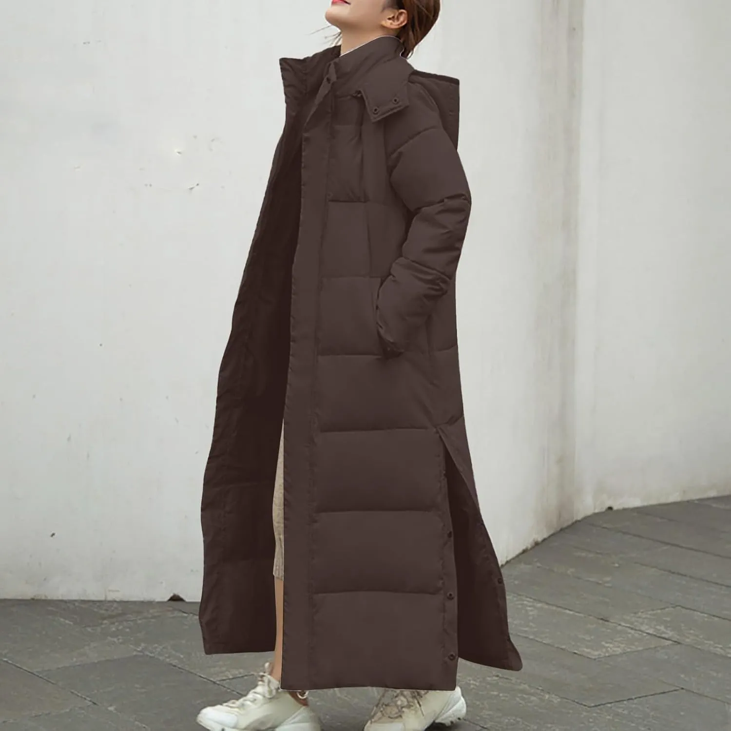 Women's Winter Warm Long Sleeve Cotton Jacket Pockets Hooded Padded Coat Thick Outerwear Maxi Length Quilted Coats