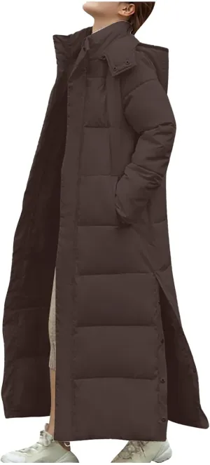 Women's Winter Warm Long Sleeve Cotton Jacket Pockets Hooded Padded Coat Thick Outerwear Maxi Length Quilted Coats