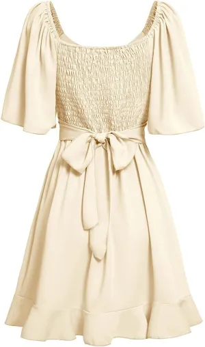 Women's Wrap V Neck Short Flared Sleeve Wedding Guest Dress Smocked Elastic Waist Tiered Belted Ruffle Hem Mini Dress