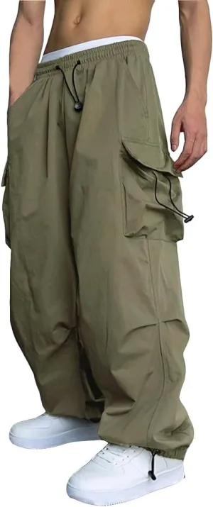 WZIKAI Men's Baggy Cargo Pants Casual Parachute Cargo Pants Loose Fit Hip Hop Harem Pants with Pockets
