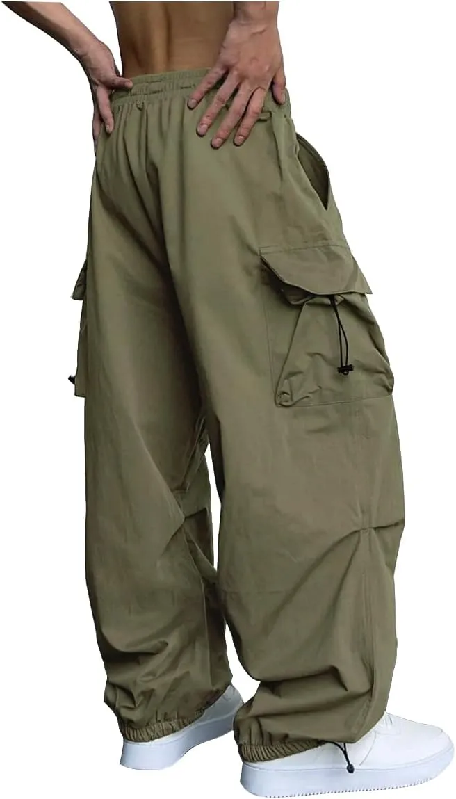 WZIKAI Men's Baggy Cargo Pants Casual Parachute Cargo Pants Loose Fit Hip Hop Harem Pants with Pockets