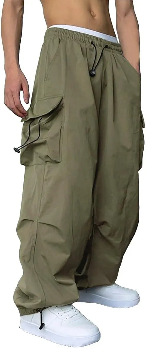 WZIKAI Men's Baggy Cargo Pants Casual Parachute Cargo Pants Loose Fit Hip Hop Harem Pants with Pockets