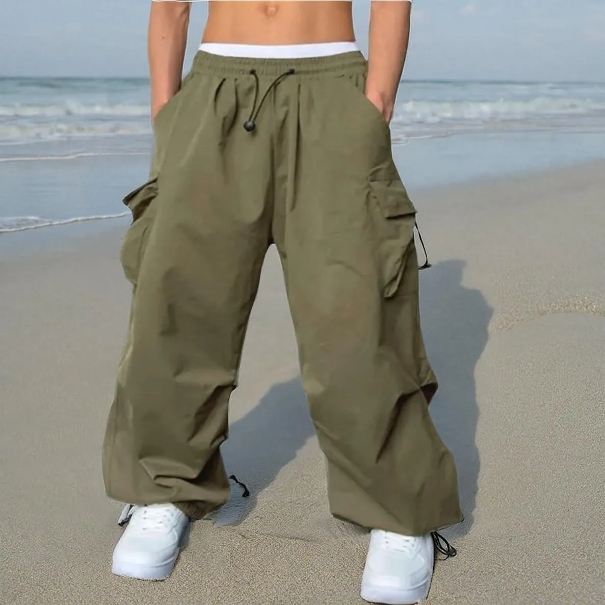 WZIKAI Men's Baggy Cargo Pants Casual Parachute Cargo Pants Loose Fit Hip Hop Harem Pants with Pockets