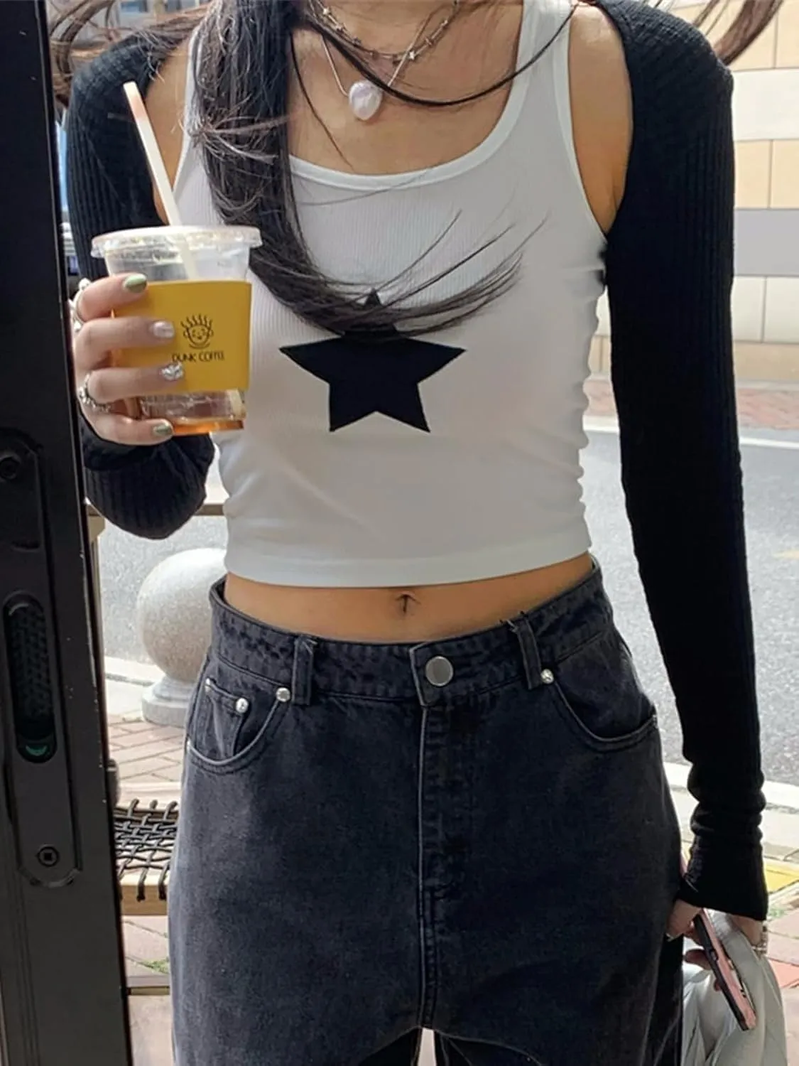 Xineicy Women's Star Sleeveless Crop Top Vintage Y2k Tops Round Neck Racerback Tank Tops Casual Tee
