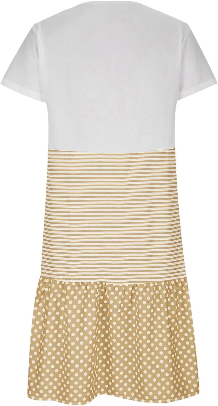 yardsong Casual Summer Dresses for Women Plus Size Short Sleeve Tshirt Dress Striped Polka Dot Patchwork Flowy Midi Dresses