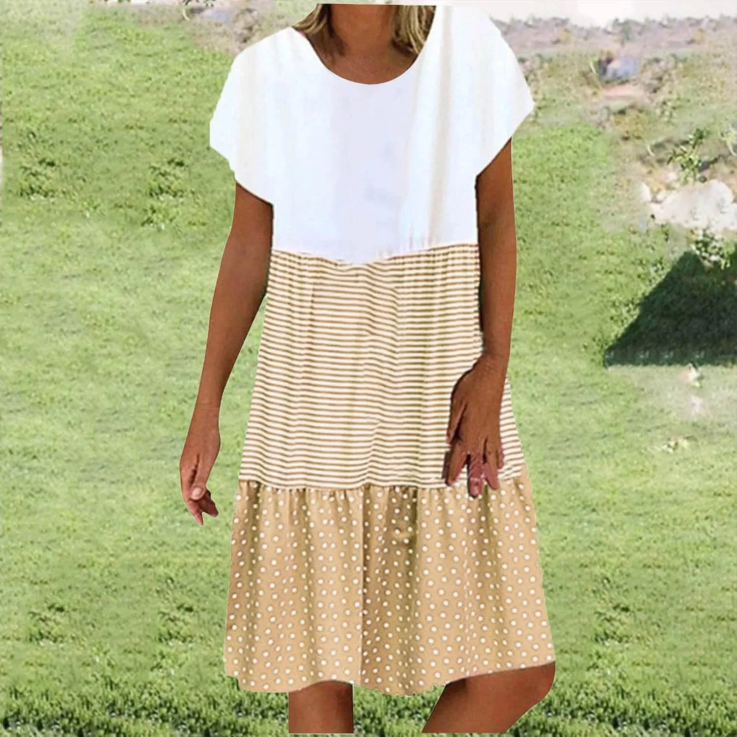 yardsong Casual Summer Dresses for Women Plus Size Short Sleeve Tshirt Dress Striped Polka Dot Patchwork Flowy Midi Dresses