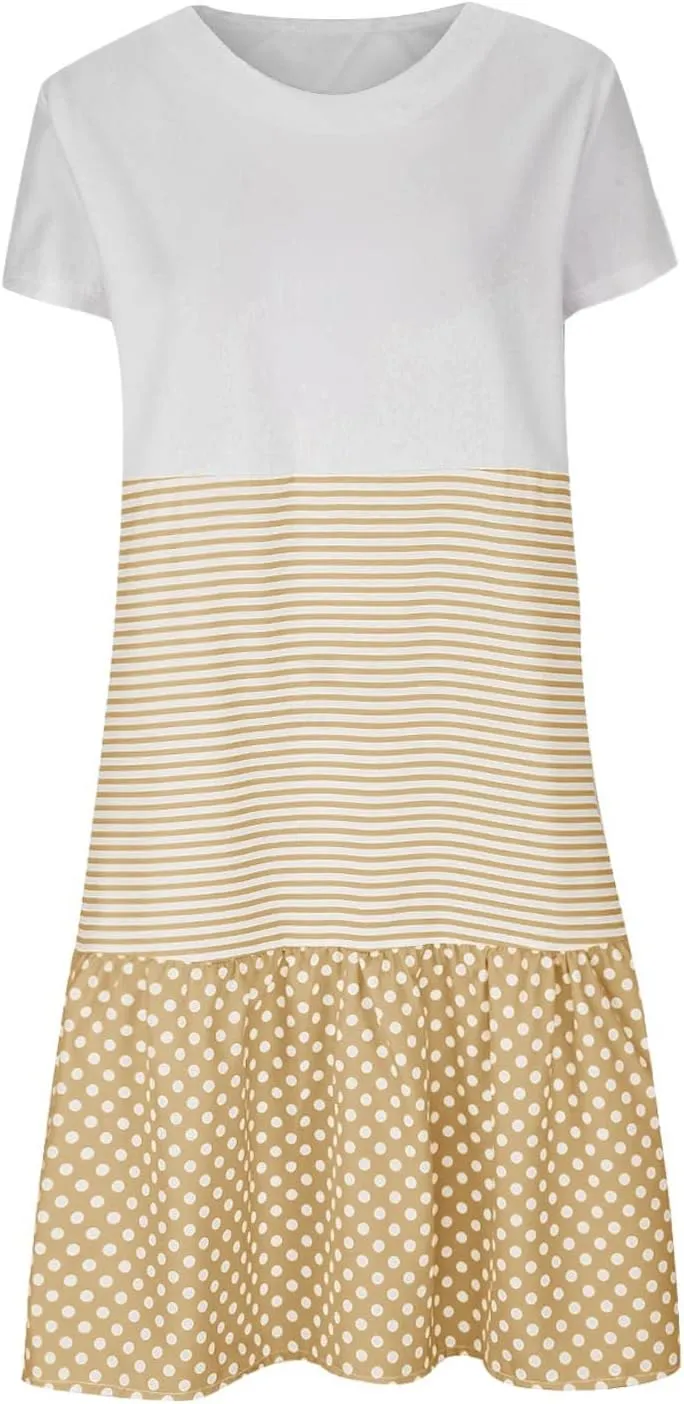 yardsong Casual Summer Dresses for Women Plus Size Short Sleeve Tshirt Dress Striped Polka Dot Patchwork Flowy Midi Dresses