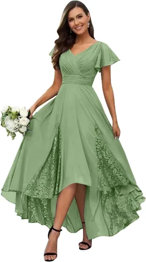 YAUTKA Chiffon Bridesmaid Dresses for Wedding Tea Length V-Neck A-Line Formal Dresses for Women 2024 with Ruffle Sleeve