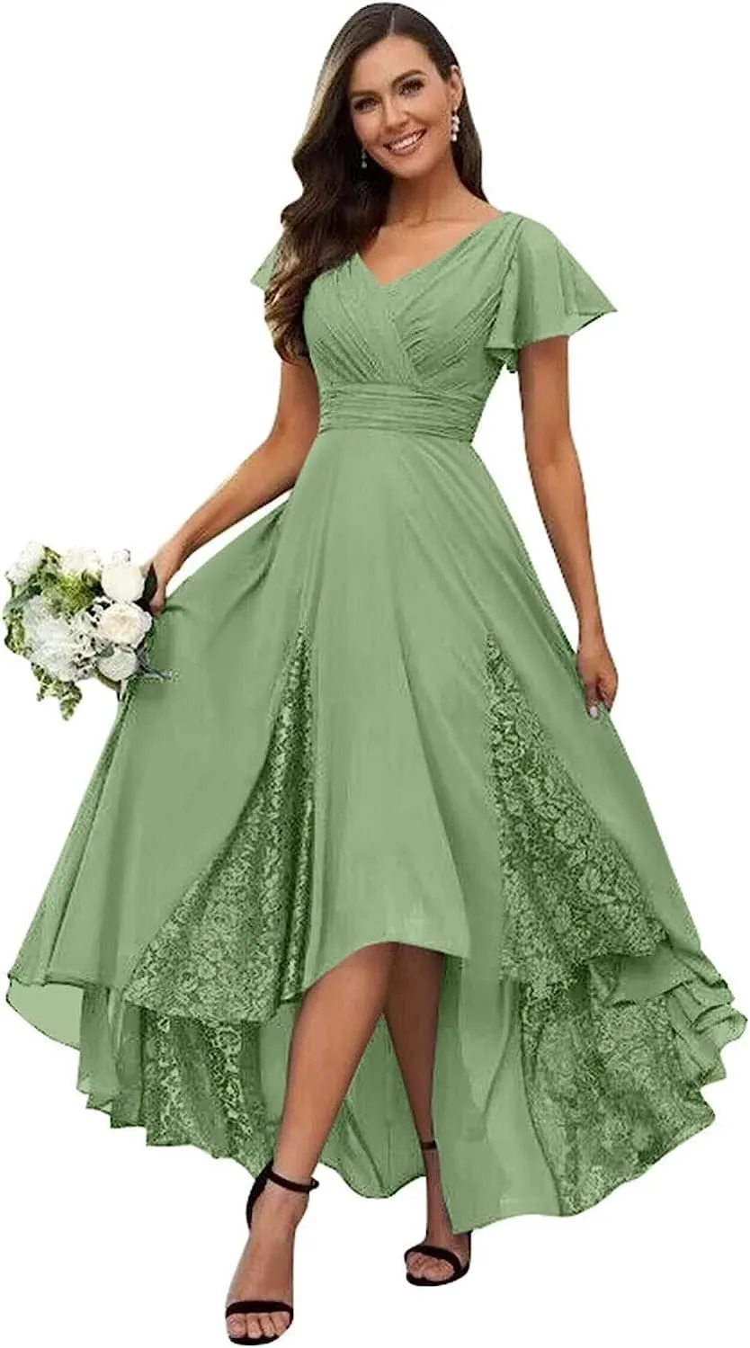 YAUTKA Chiffon Bridesmaid Dresses for Wedding Tea Length V-Neck A-Line Formal Dresses for Women 2024 with Ruffle Sleeve