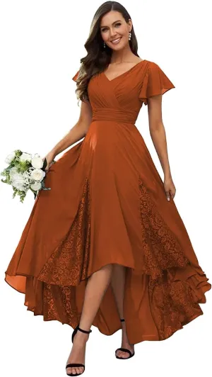YAUTKA Chiffon Bridesmaid Dresses for Wedding Tea Length V-Neck A-Line Formal Dresses for Women 2024 with Ruffle Sleeve