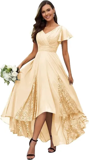 YAUTKA Chiffon Bridesmaid Dresses for Wedding Tea Length V-Neck A-Line Formal Dresses for Women 2024 with Ruffle Sleeve