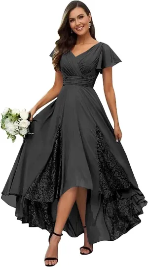 YAUTKA Chiffon Bridesmaid Dresses for Wedding Tea Length V-Neck A-Line Formal Dresses for Women 2024 with Ruffle Sleeve