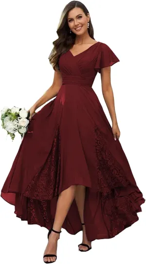 YAUTKA Chiffon Bridesmaid Dresses for Wedding Tea Length V-Neck A-Line Formal Dresses for Women 2024 with Ruffle Sleeve