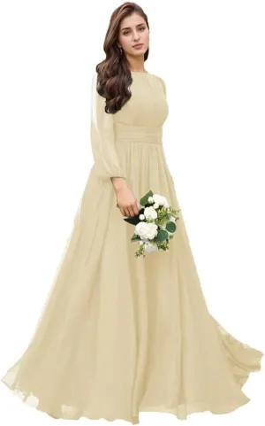 YAUTKA Modest Chiffon Bridesmaid Dresses for Wedding Long Sleeve Ruffles Pleated Formal Dresses for Women 2024