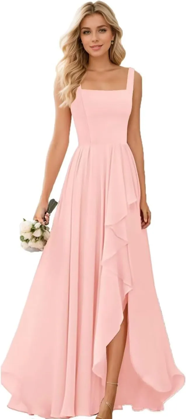 YAUTKA Square Neck Bridesmaid Dresses for Wedding Flowy Chiffon Long Formal Dresses for Women 2024 with Slit