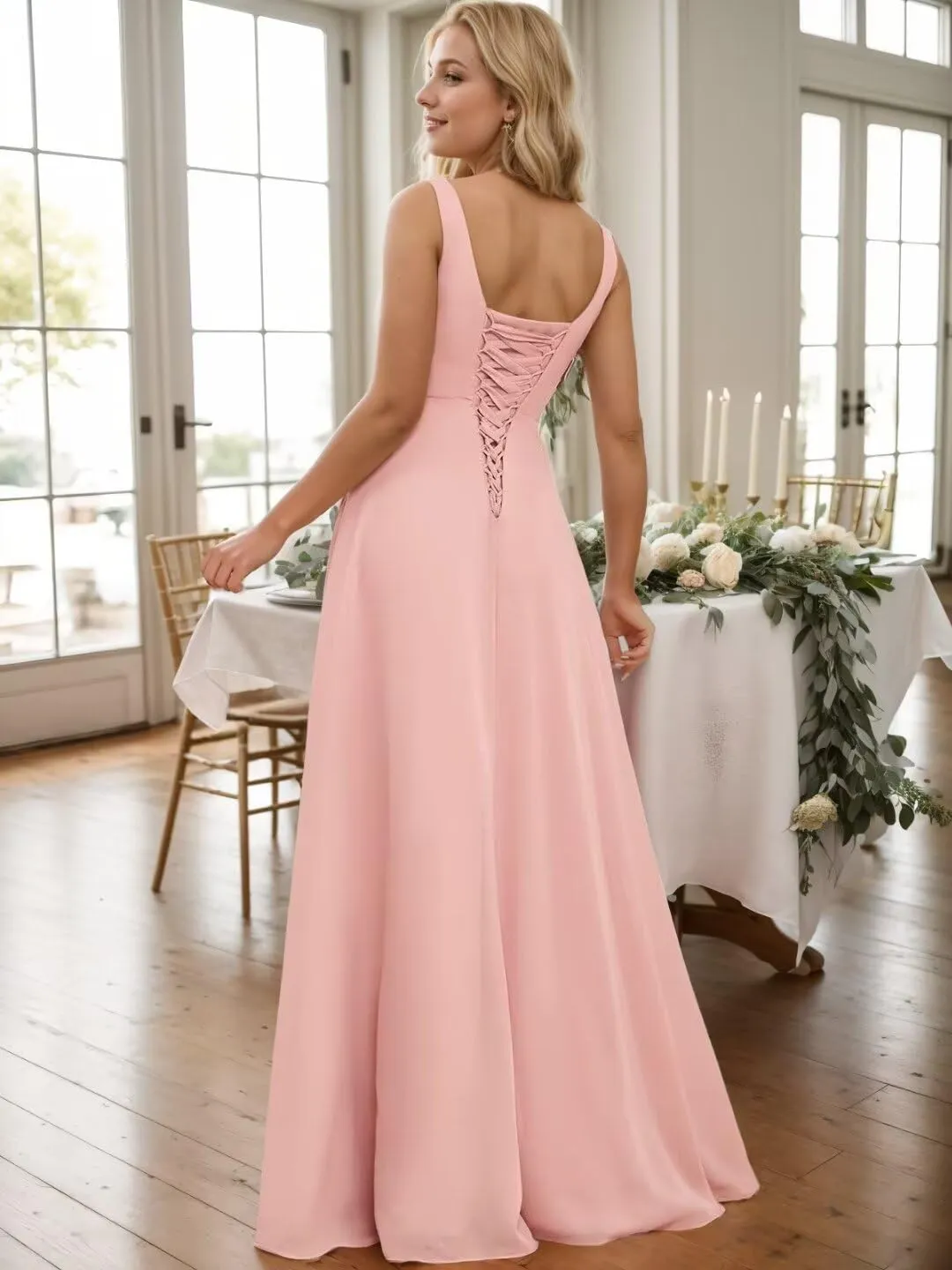 YAUTKA Square Neck Bridesmaid Dresses for Wedding Flowy Chiffon Long Formal Dresses for Women 2024 with Slit
