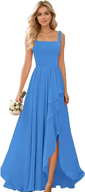 YAUTKA Square Neck Bridesmaid Dresses for Wedding Flowy Chiffon Long Formal Dresses for Women 2024 with Slit
