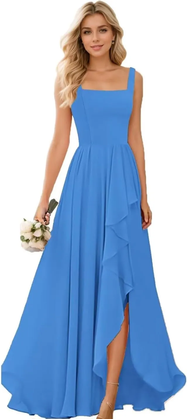 YAUTKA Square Neck Bridesmaid Dresses for Wedding Flowy Chiffon Long Formal Dresses for Women 2024 with Slit