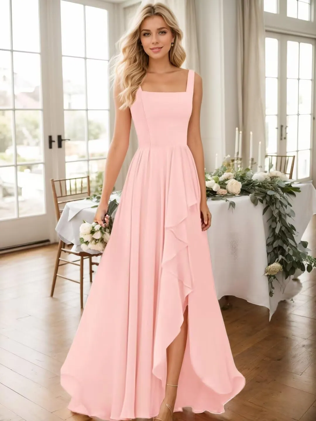 YAUTKA Square Neck Bridesmaid Dresses for Wedding Flowy Chiffon Long Formal Dresses for Women 2024 with Slit