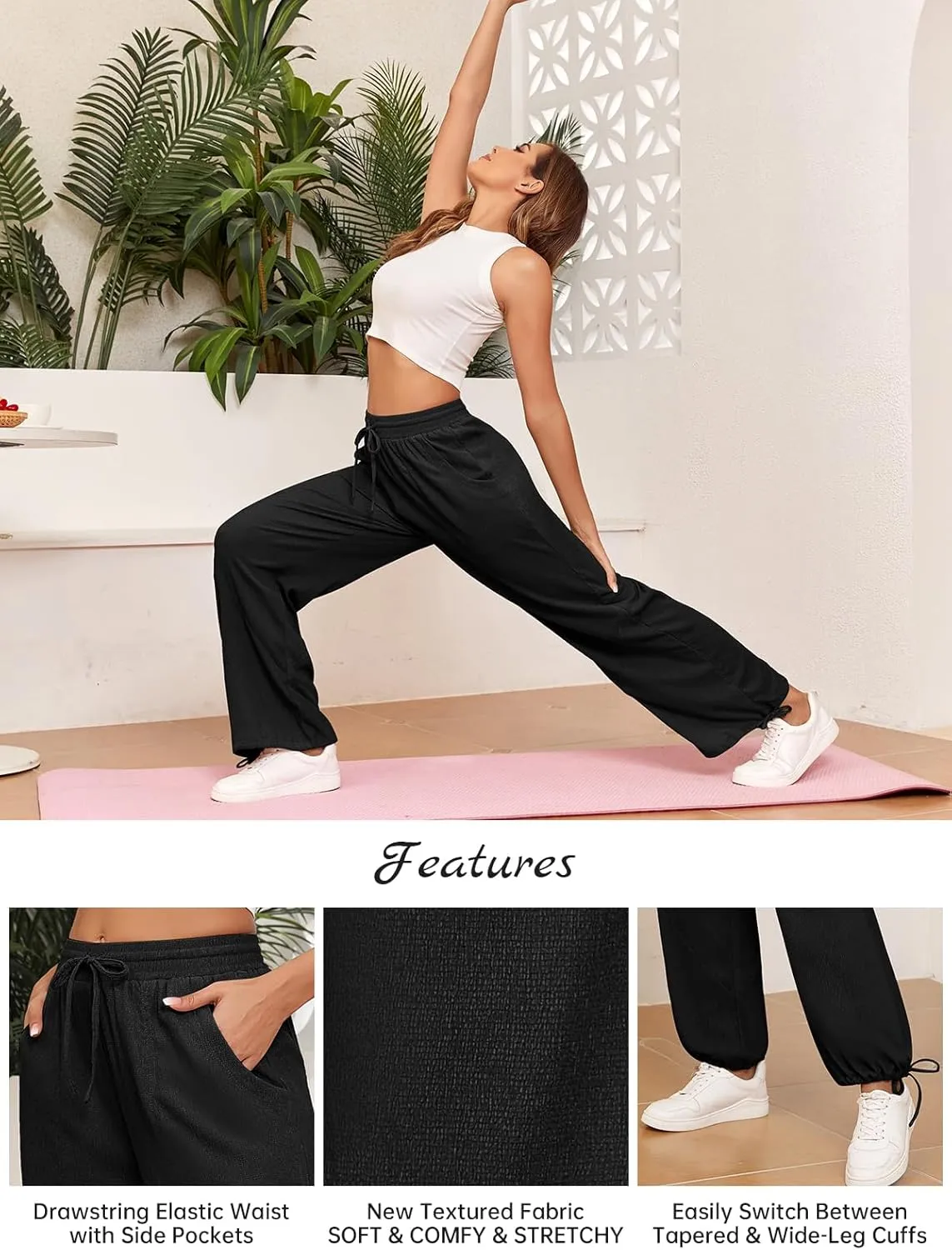 ZAFUL Womens Comfy Yoga Jogger Pants Pockets Wide Leg Palazzo Pants Boho Beach Slack Textured Trousers