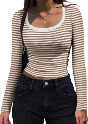 Zeagoo Women's Long Sleeve Scoop Neck Shirts Casual Slim Fit Rib Knit Tops Summer Fall Basic Business Work Tee