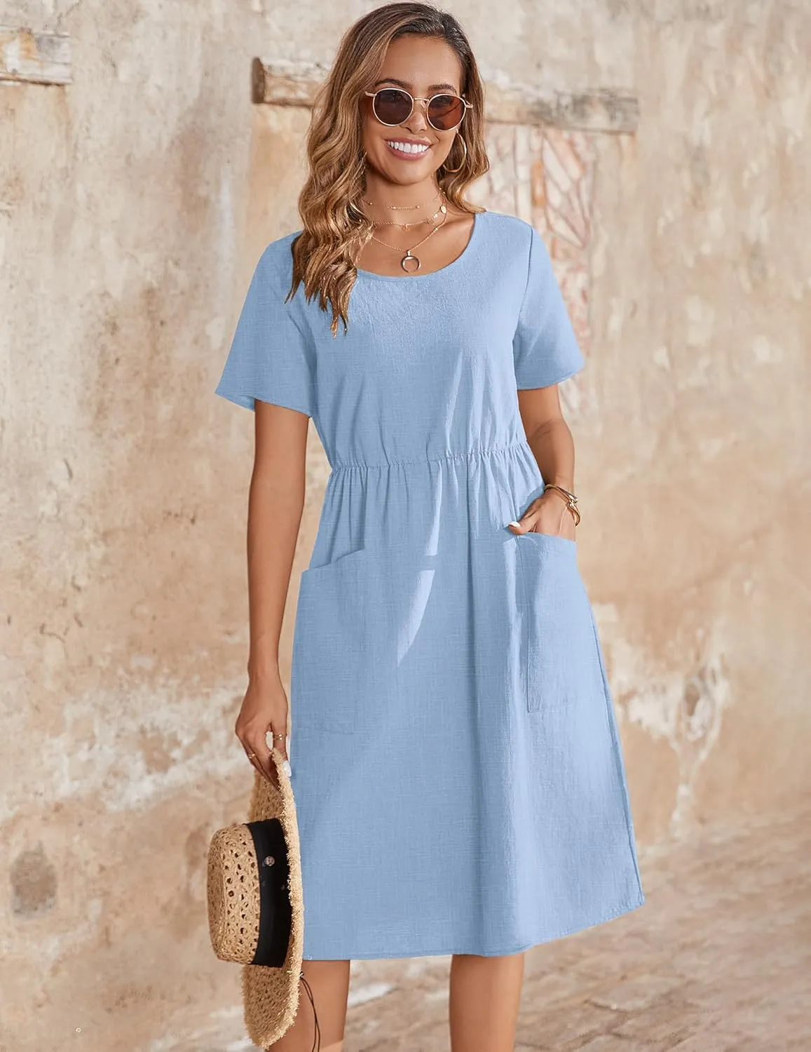 Zeagoo Womens Summer Midi Dress Casual Short Sleeve A-Line Cotton Linen Dress Flowly Beach Tunic Sundresses with Pockets 2025