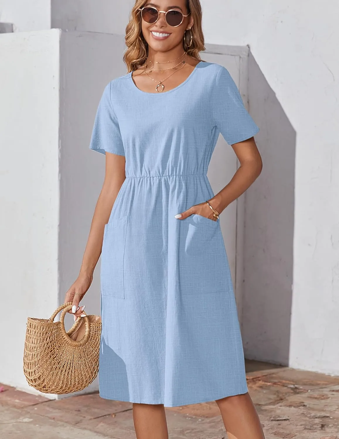 Zeagoo Womens Summer Midi Dress Casual Short Sleeve A-Line Cotton Linen Dress Flowly Beach Tunic Sundresses with Pockets 2025