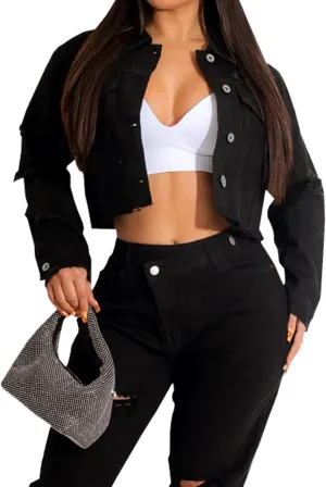 ZERMOM Women's Cropped Denim Jacket Button Down Long Sleeve Fitted Crop Top Jean Coat