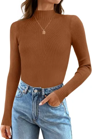ZESICA Women's Fall Long Sleeve Turtleneck T Shirt Ribbed Knit Sweater Slim Fit Basic Casual Tee Tops
