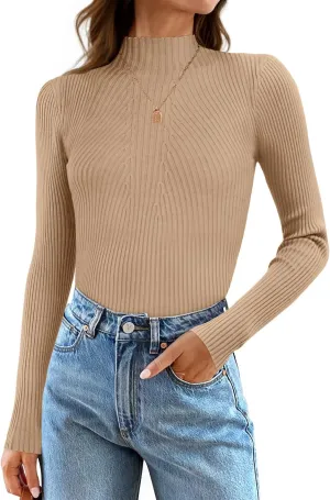 ZESICA Women's Fall Long Sleeve Turtleneck T Shirt Ribbed Knit Sweater Slim Fit Basic Casual Tee Tops