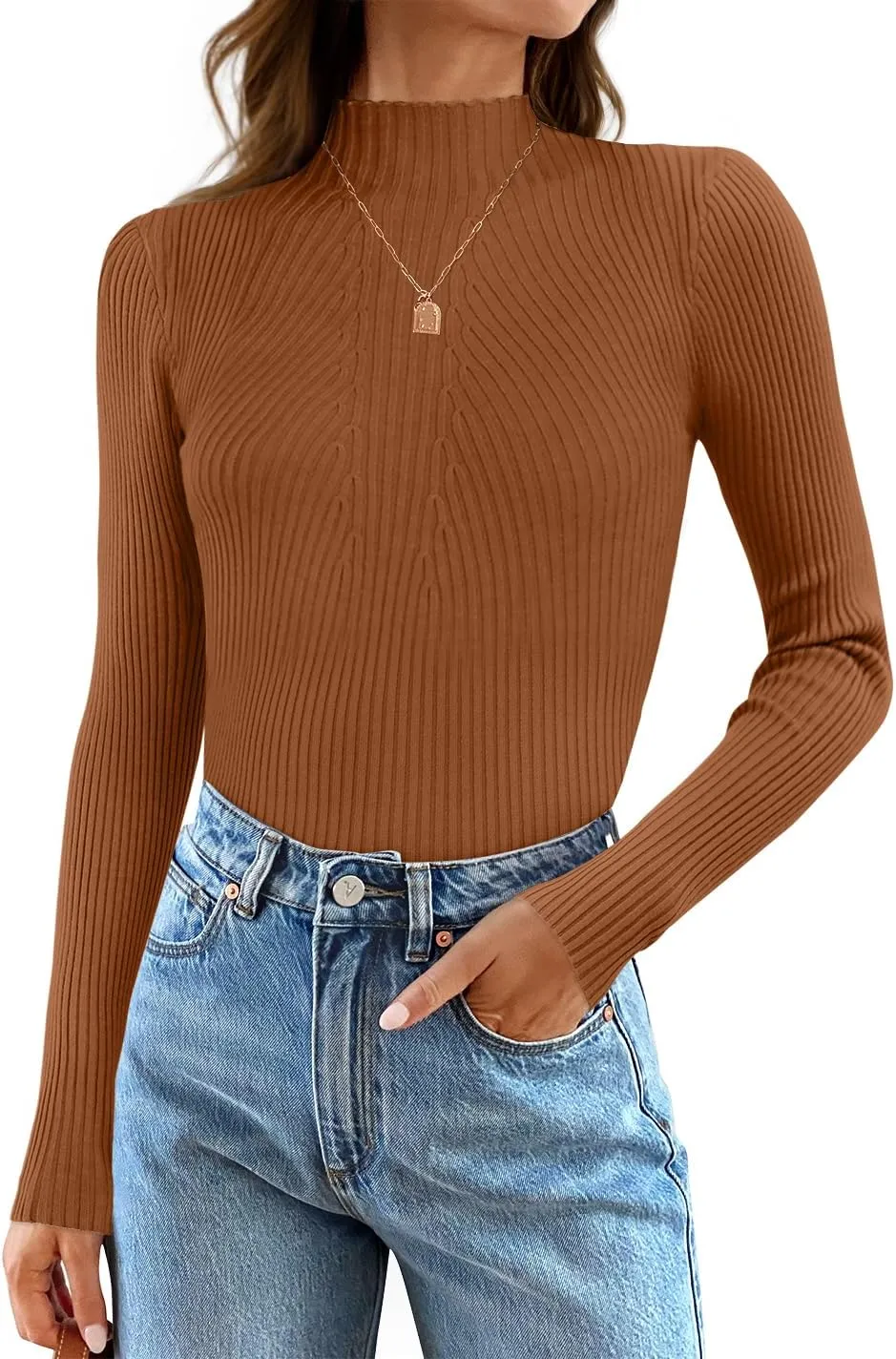 ZESICA Women's Fall Long Sleeve Turtleneck T Shirt Ribbed Knit Sweater Slim Fit Basic Casual Tee Tops