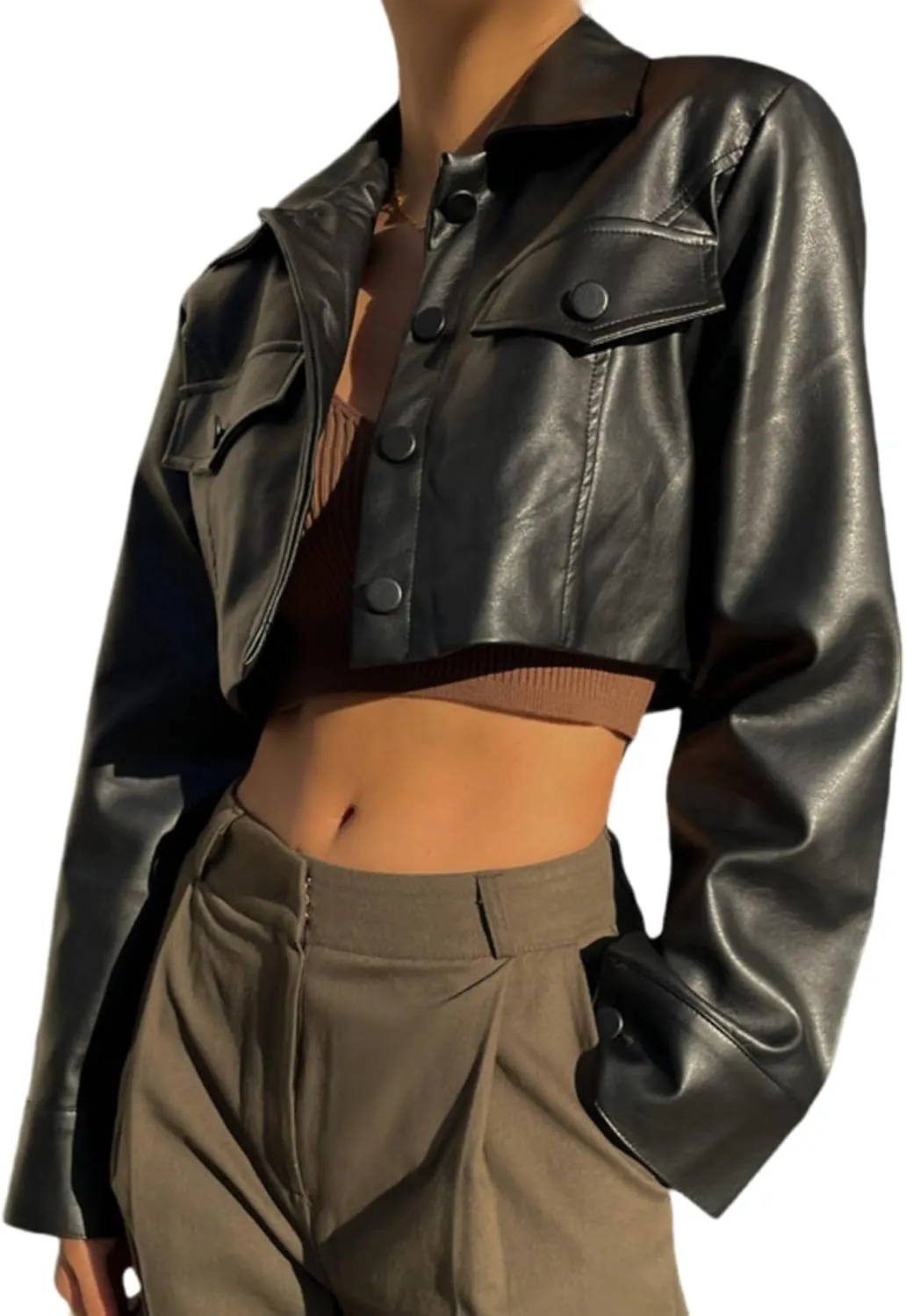 ZGMYC Women's Faux Leather Crop Jacket Button Down Long Sleeve Casual Jacket Outerwear Short Coat Streetwear