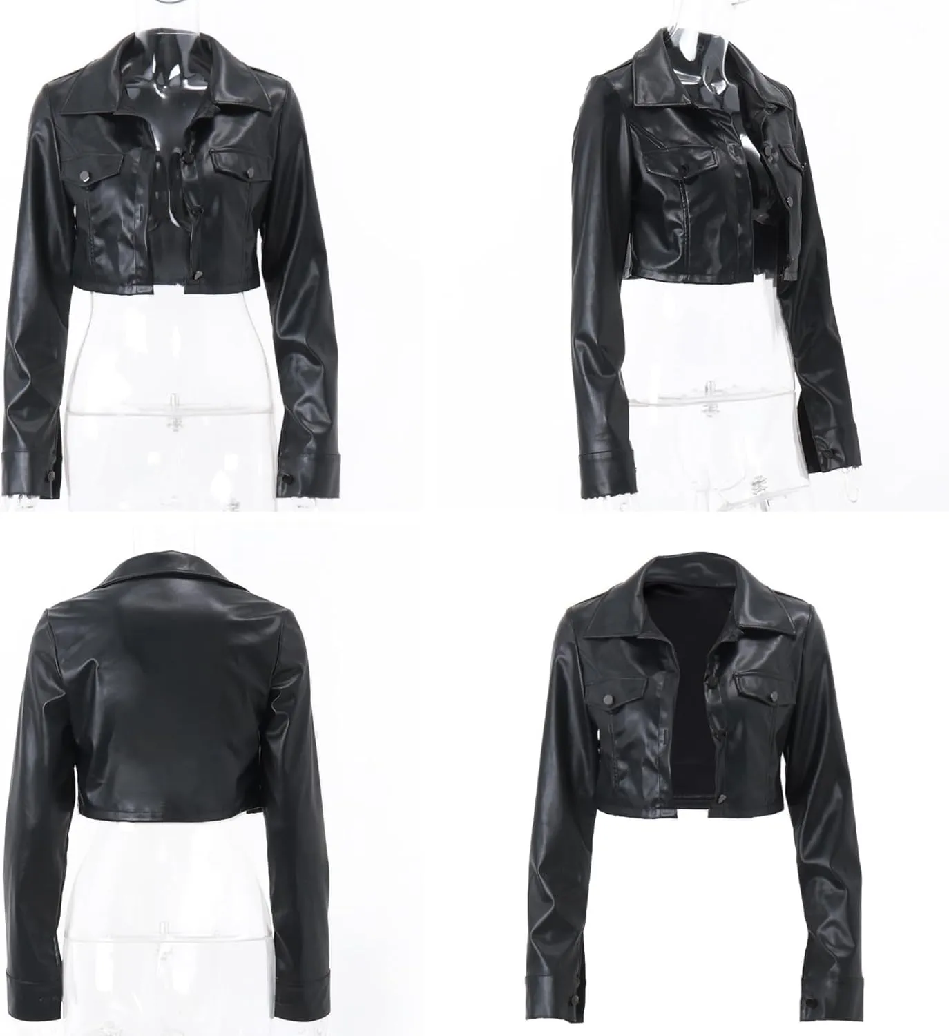ZGMYC Women's Faux Leather Crop Jacket Button Down Long Sleeve Casual Jacket Outerwear Short Coat Streetwear