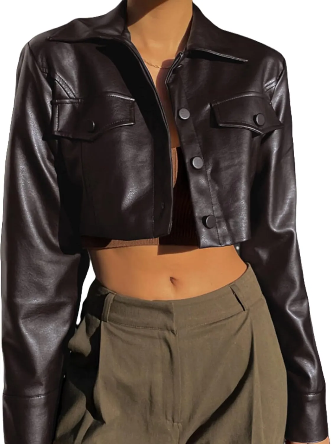 ZGMYC Women's Faux Leather Crop Jacket Button Down Long Sleeve Casual Jacket Outerwear Short Coat Streetwear