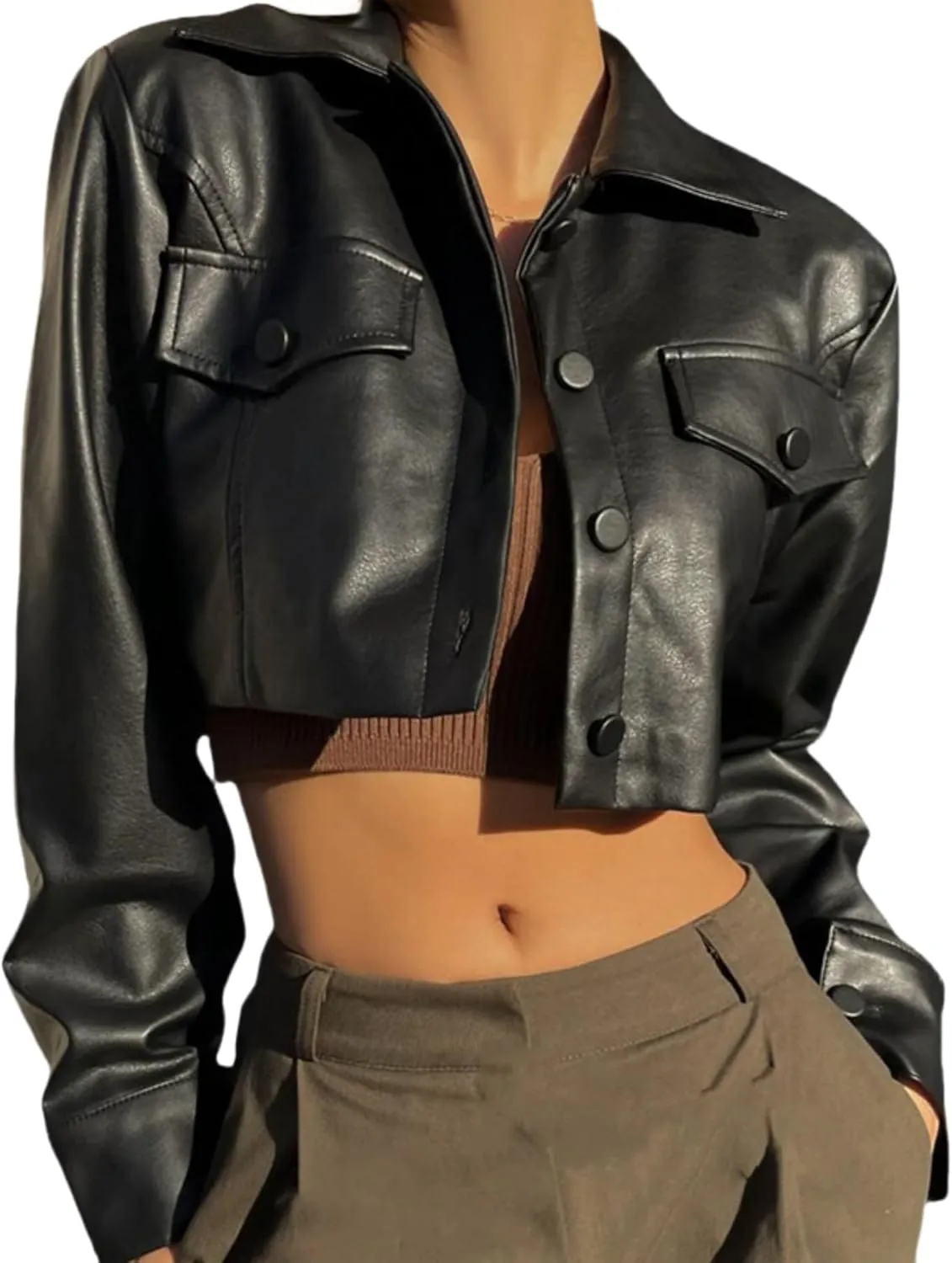 ZGMYC Women's Faux Leather Crop Jacket Button Down Long Sleeve Casual Jacket Outerwear Short Coat Streetwear