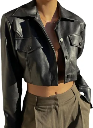 ZGMYC Women's Faux Leather Crop Jacket Button Down Long Sleeve Casual Jacket Outerwear Short Coat Streetwear