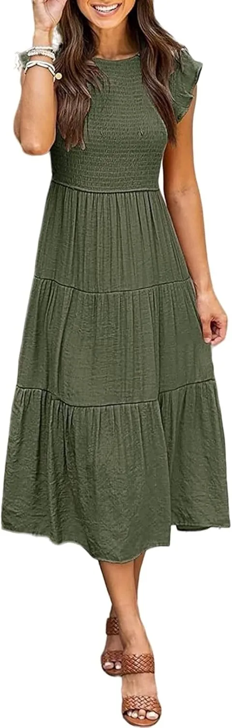 ZWRXW Summer Dresses for Women 2024 Casual Flutter Short Sleeve Crew Neck Smocked Elastic Waist Flowy Tiered Long Maxi Dress