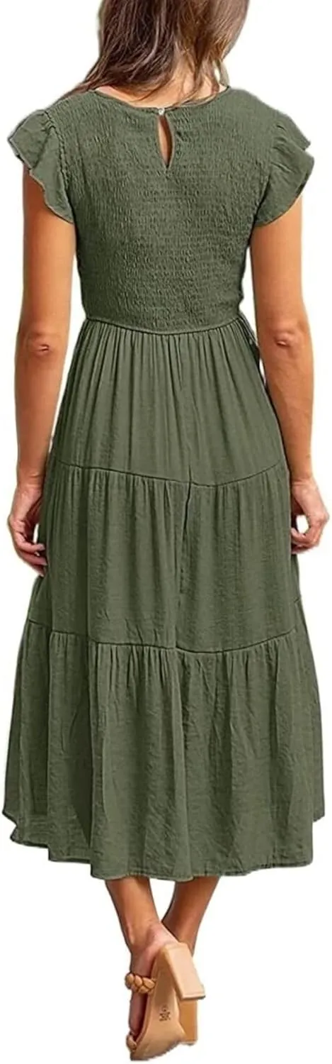 ZWRXW Summer Dresses for Women 2024 Casual Flutter Short Sleeve Crew Neck Smocked Elastic Waist Flowy Tiered Long Maxi Dress