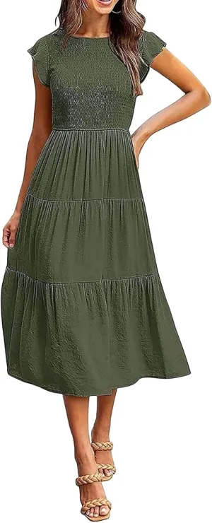 ZWRXW Summer Dresses for Women 2024 Casual Flutter Short Sleeve Crew Neck Smocked Elastic Waist Flowy Tiered Long Maxi Dress